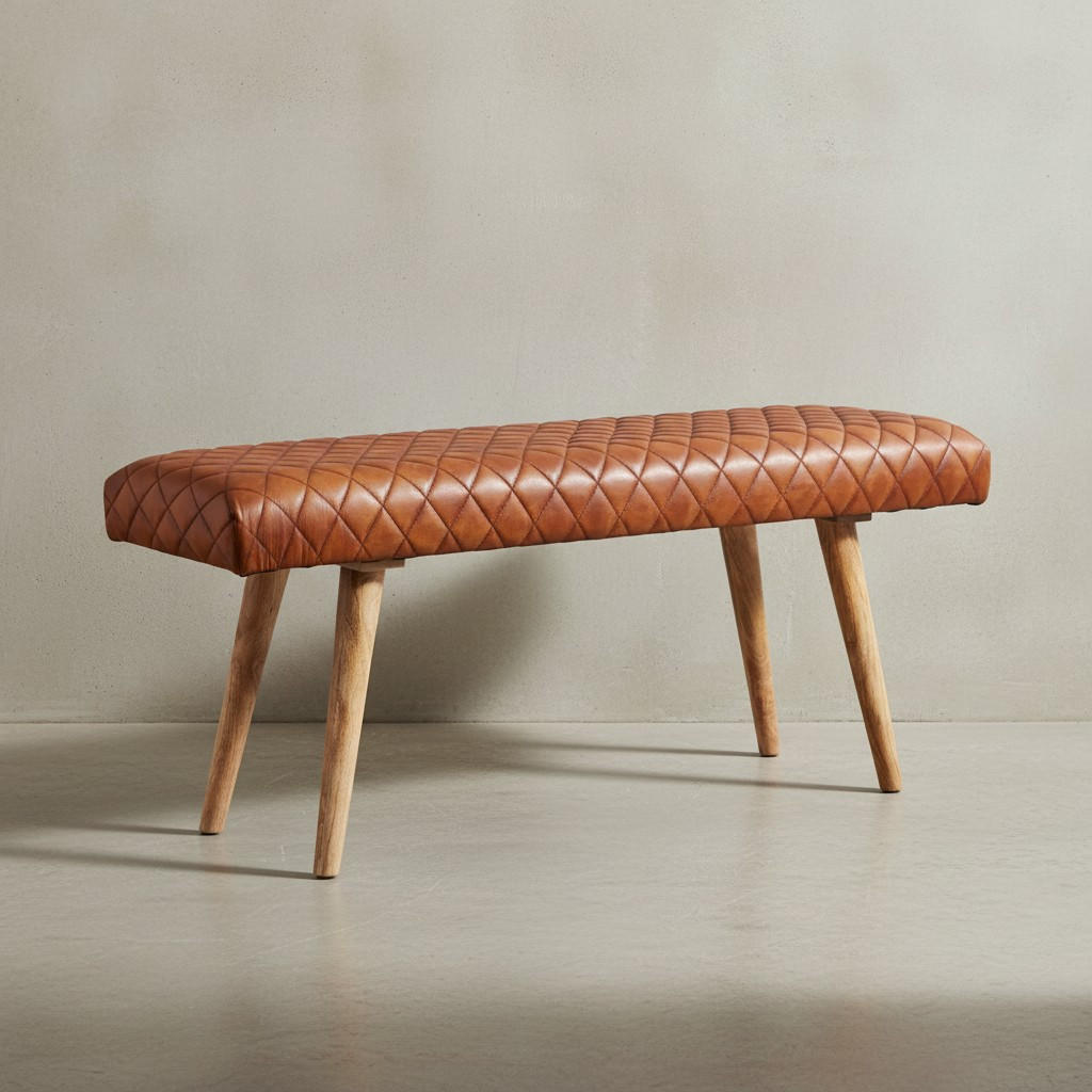 SITZBANK – Echtleder/Holz, Springbock-Stil - Braun, Mangoholz/Leder (115/53/38cm) - KADIMA DESIGN