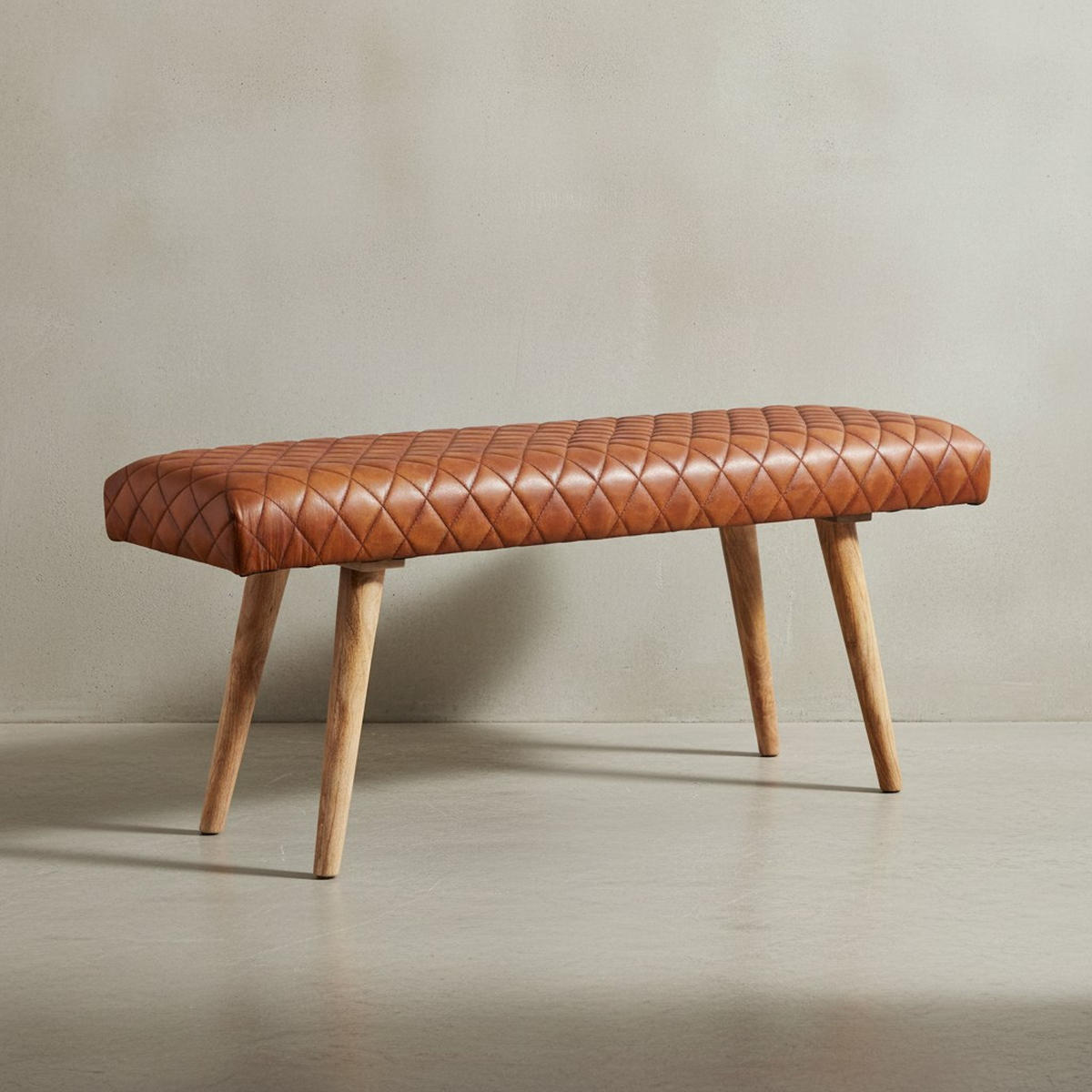 SITZBANK – Echtleder/Holz, Springbock-Stil - Braun, Mangoholz/Leder (115/53/38cm) - KADIMA DESIGN