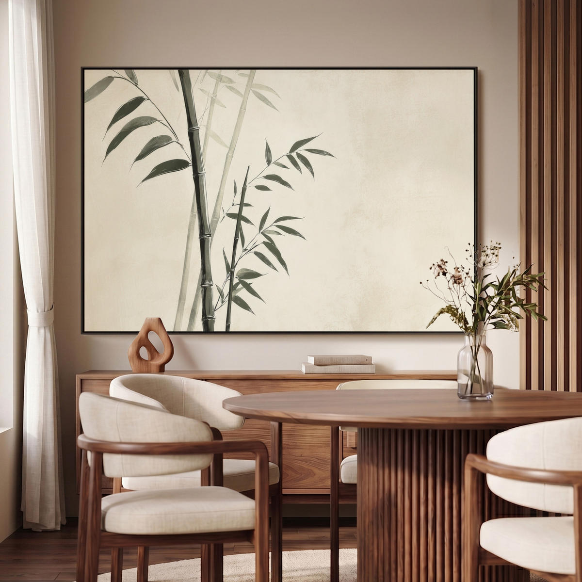 LEINWAND Bilder mit Rahmen - Japandi - Bambus - Beige - 150x100 - Eukalyptusholzfarben, Textil (150/100cm) - MuchoWow