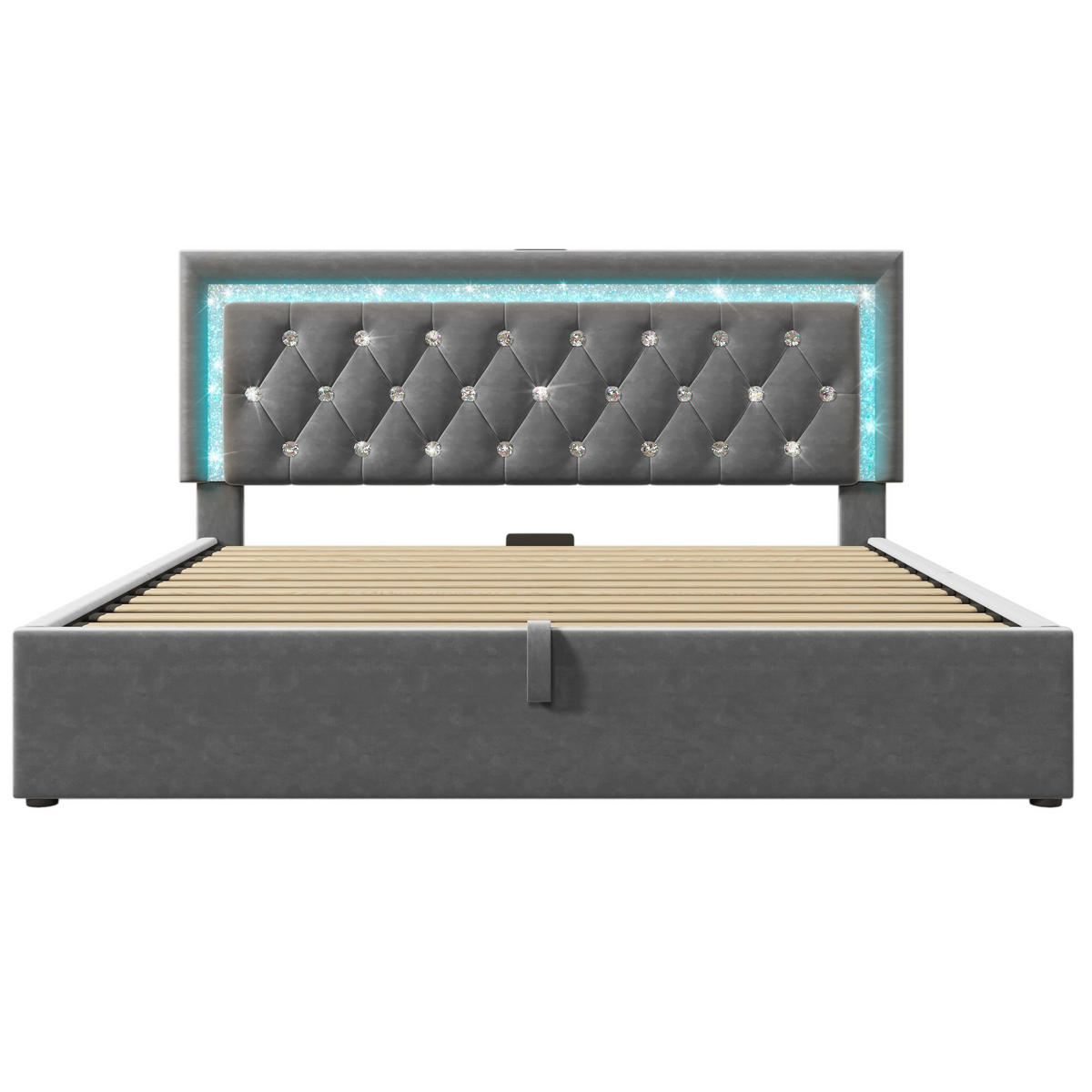 POLSTERBETT aus Samt 140x200 cm in Grau mit LED & USB-Type-C-Ladestation - Grau, Textil (140/200cm) - Modfu