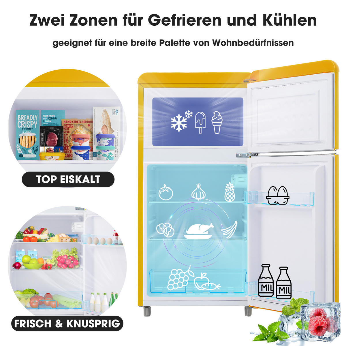KUHLSCHRANK 46/45/91 cm Gelb 72L mit LED-Licht - Gelb, Metall (45/91/46cm) - Oxeza