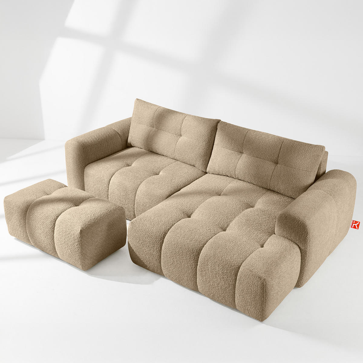 ECKSOFA RECHTS RAVIA, Bouclé, Beige - Beige, Holz/Textil (256/104cm) - KONSIMO®
