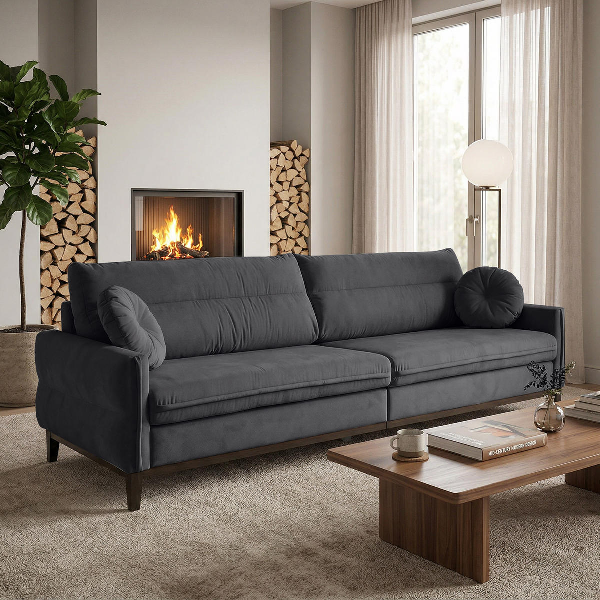 SOFA 3-SITZER Belweder 270 cm, Dunkelgrau, Veloursstoff - Wengefarben/Dunkelgrau, Holz/Textil (268/95/94cm) - Beautysofa