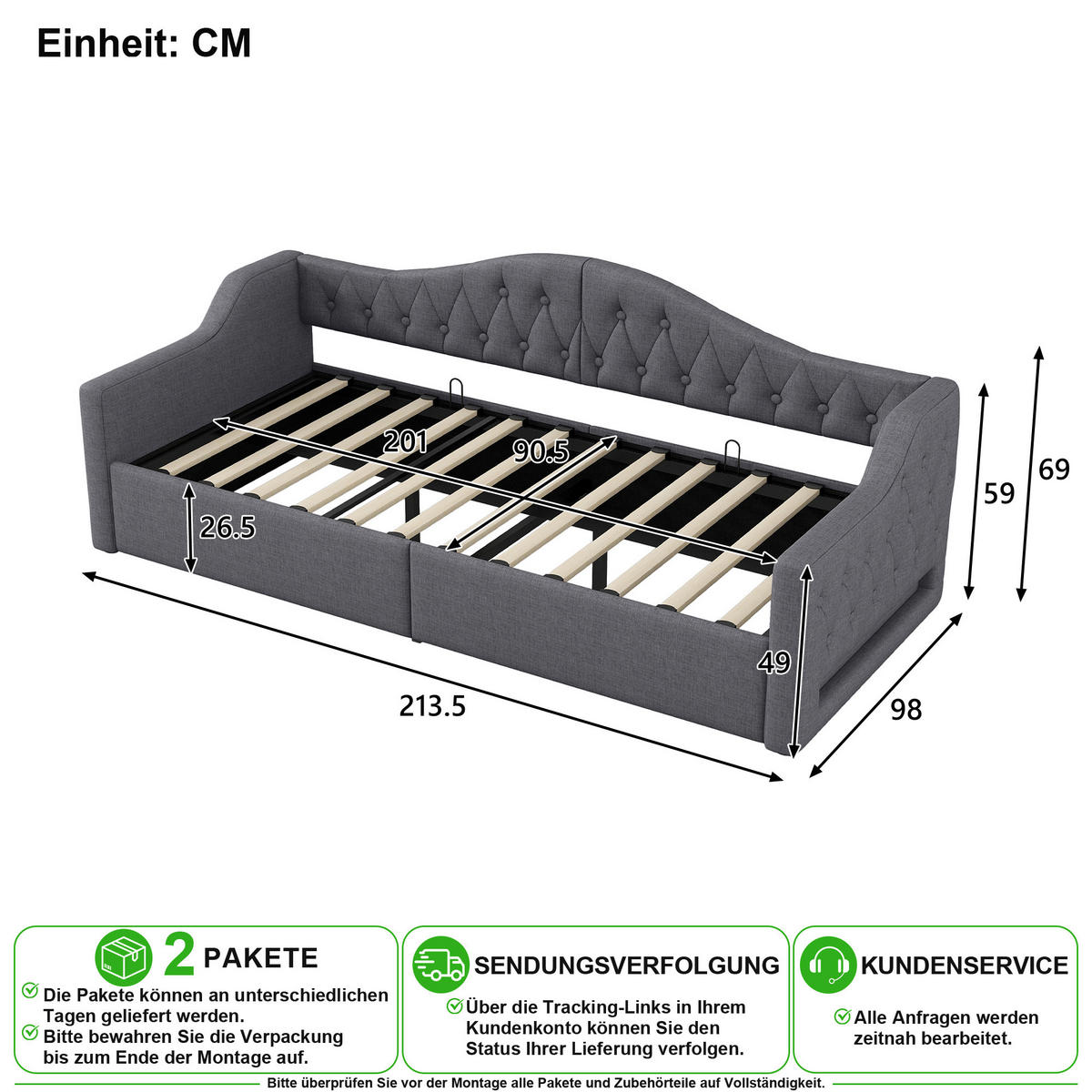 POLSTERBETT 90/200 cm in Grau mit Bettkasten und LED Leinen - Grau, Holzwerkstoff/Textil (90/200cm) - CHICFURN