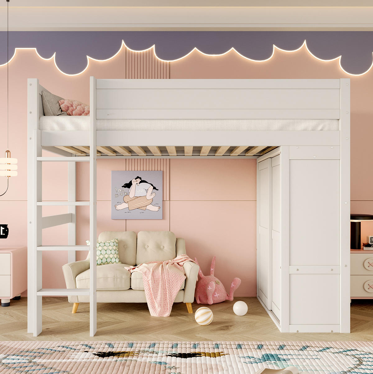 HOCHBETT 90/200 cm Weiß mit Kleiderschrank und Staufach ohne Matratze - Weiß, Holz (90/200cm) - MIVRAY