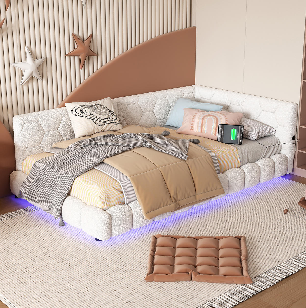 POLSTERBETT mit LED-Beleuchtung 90/200 cm in Weiß mit USB und Lattenrost - Weiß, Textil (90/200cm) - BEAOK