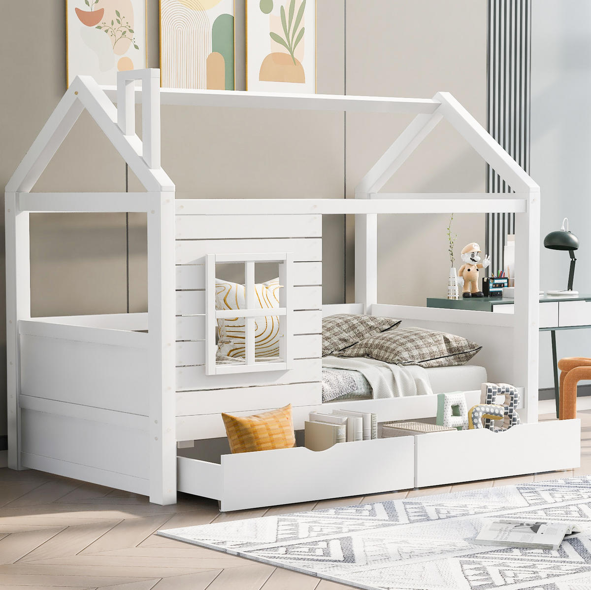 HAUSBETT 90/200 cm Weiß aus massiver Kiefer mit Lattenrost und Stauraum - Weiß, Holz (90/200cm) - OKMYHOME
