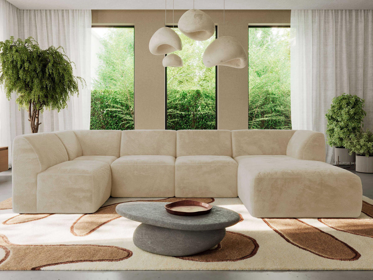WOHNLANDSCHAFT MODARO U 5M - Creme Plüsch - Rechts - Creme/Schwarz, Textil (345/78/180cm) - MKS