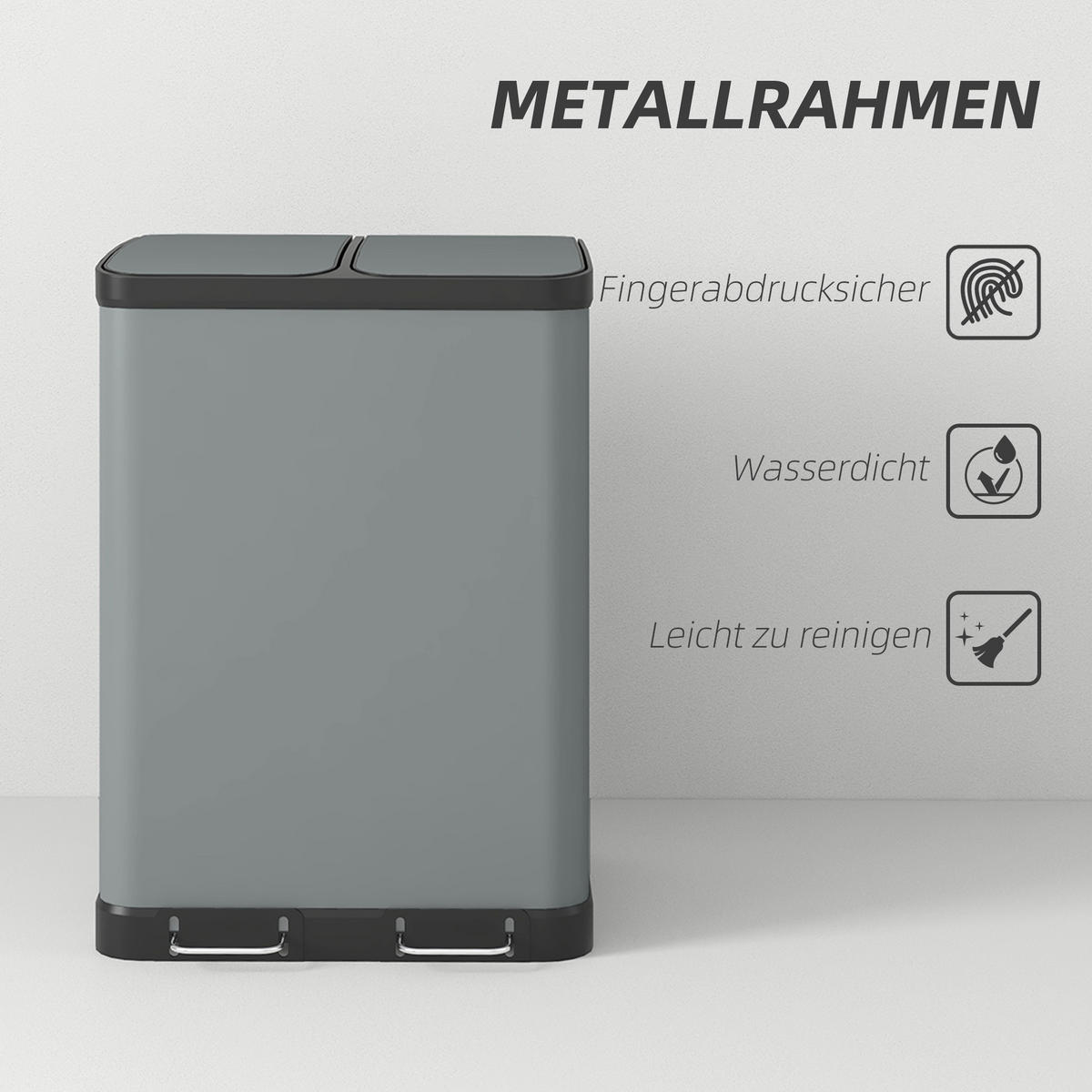 MÜLLEIMER 2 x 30L - Grau, Metall (39.5/67/48.8cm) - HOMCOM