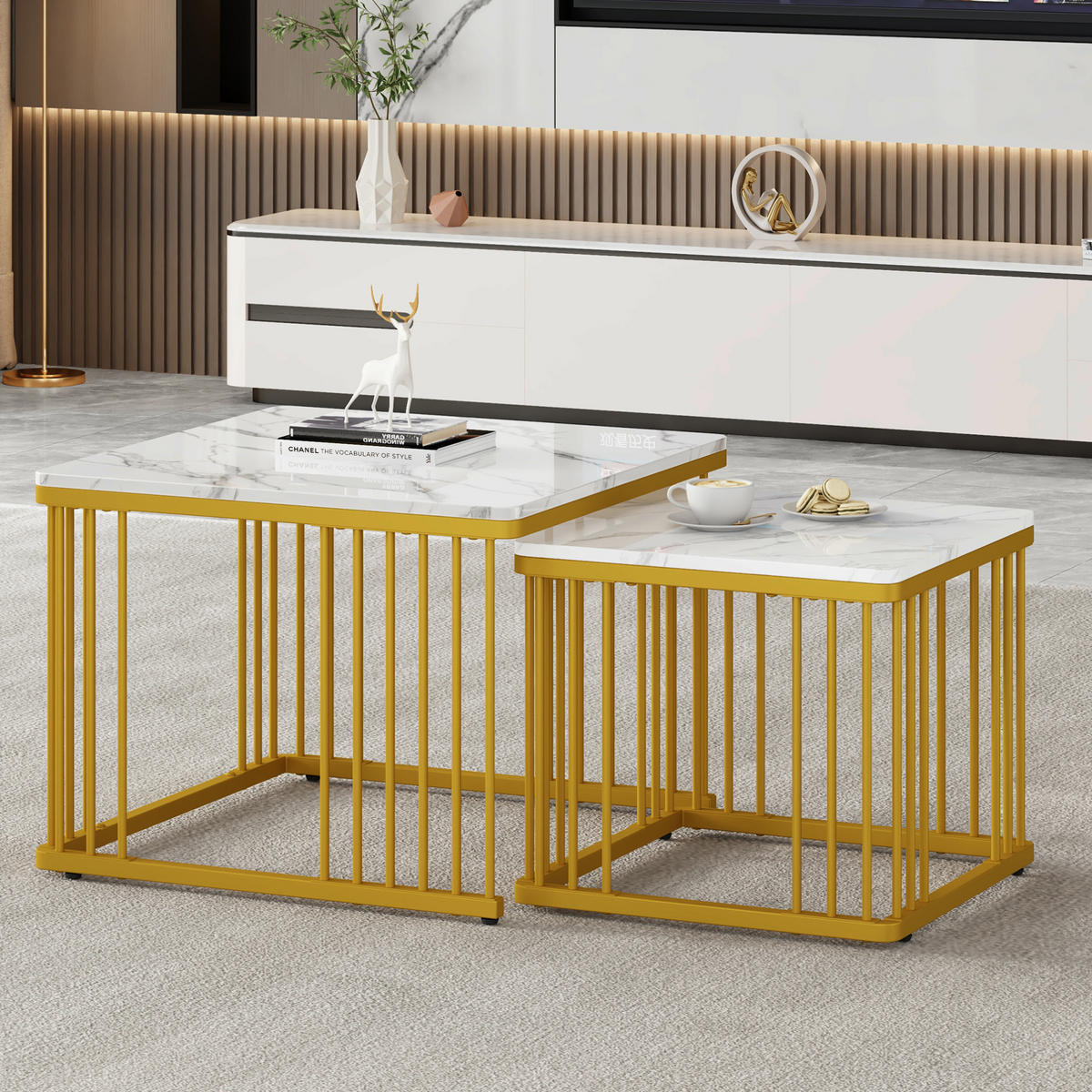 COUCHTISCH-SET aus MDF 60x60x45 cm und 45x45x40 cm Weiß in Marmoroptik, ineinanderschiebbar - Weiß, Holzwerkstoff (60/60/45cm) - IVMEU