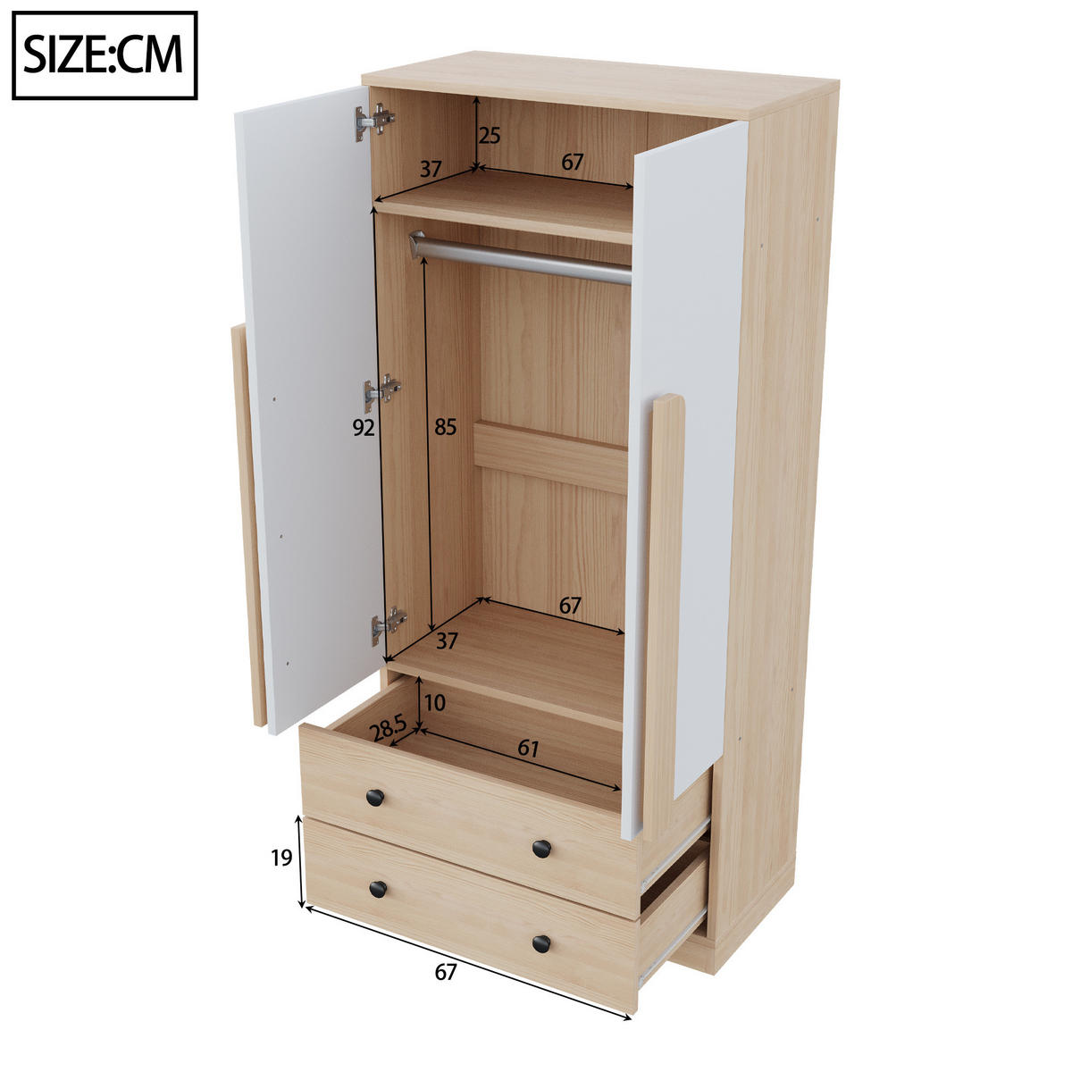 KLEIDERSCHRANK 70/40/170 cm in Natur/Weiß mit 2 Türen und 2 Schubladen - Naturfarben, Holz (70/170/40cm) - BEAOK