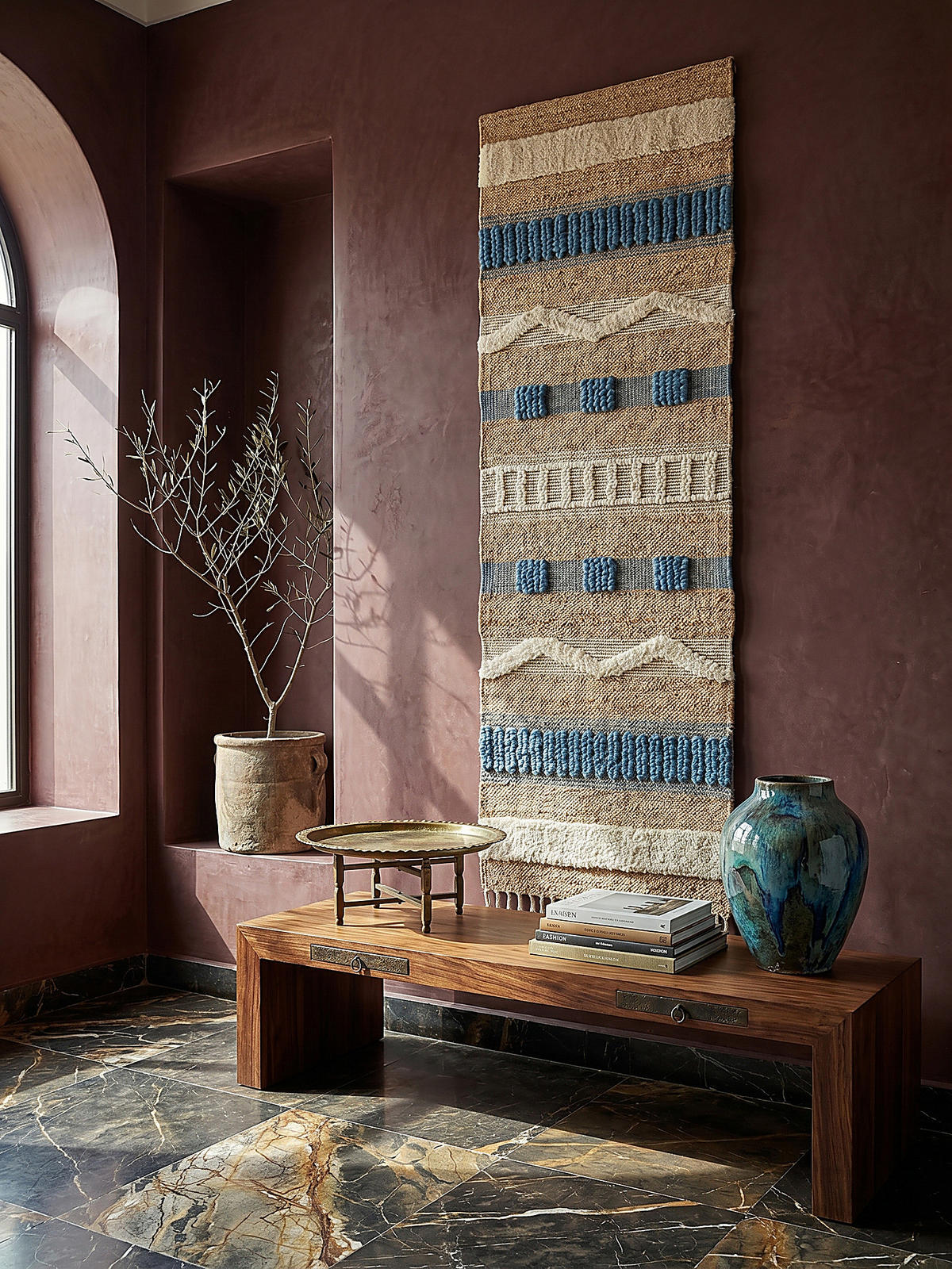 JUTETEPPICH handgewebt mit Fransen WHARFE, im Ethno-Stil, Natur-Blau, 60 x 230 cm - Blau, Textil (60/230cm) - KADIMA DESIGN