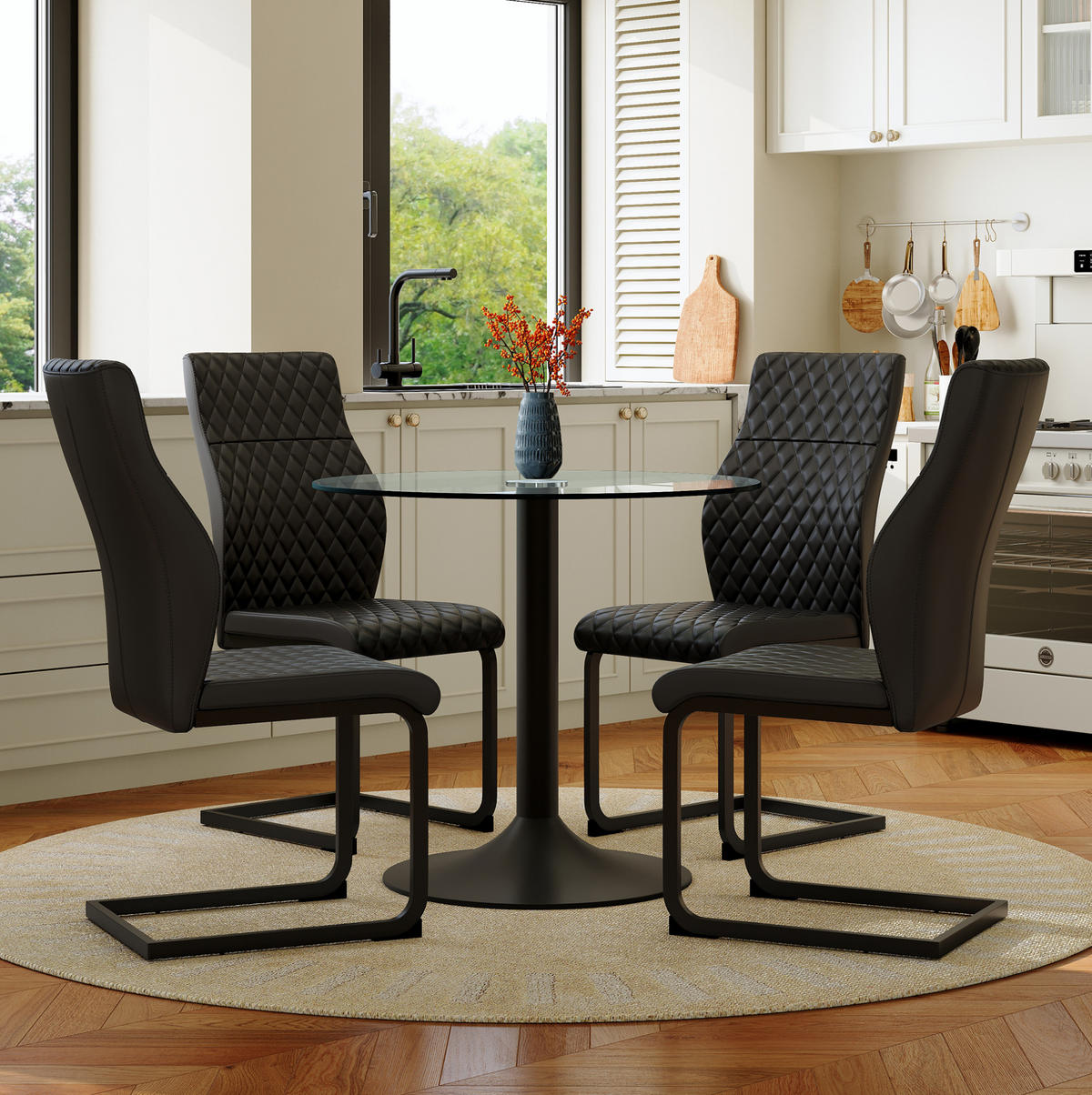 ESSTISCH-SET 4-tlg. 85 cm Glas Schwarz - Schwarz, Metall (85/76/85cm) - Meubliv