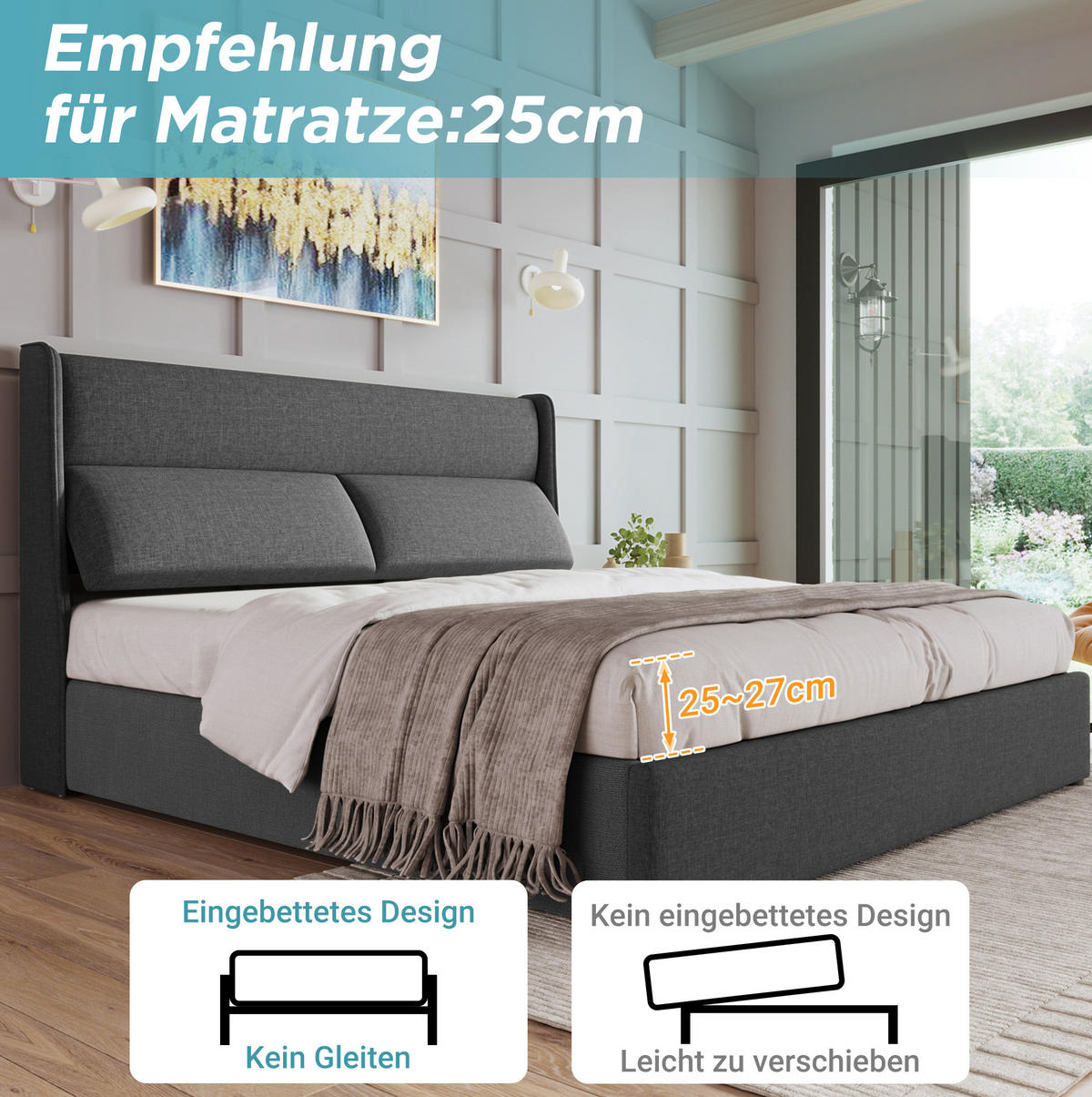 TAPECIRANI krevet od lana 160x200 cm sivi s podesivim uzglavljem i hidrauličnim spremištem - siva, tekstil (160/200cm) - Modfu