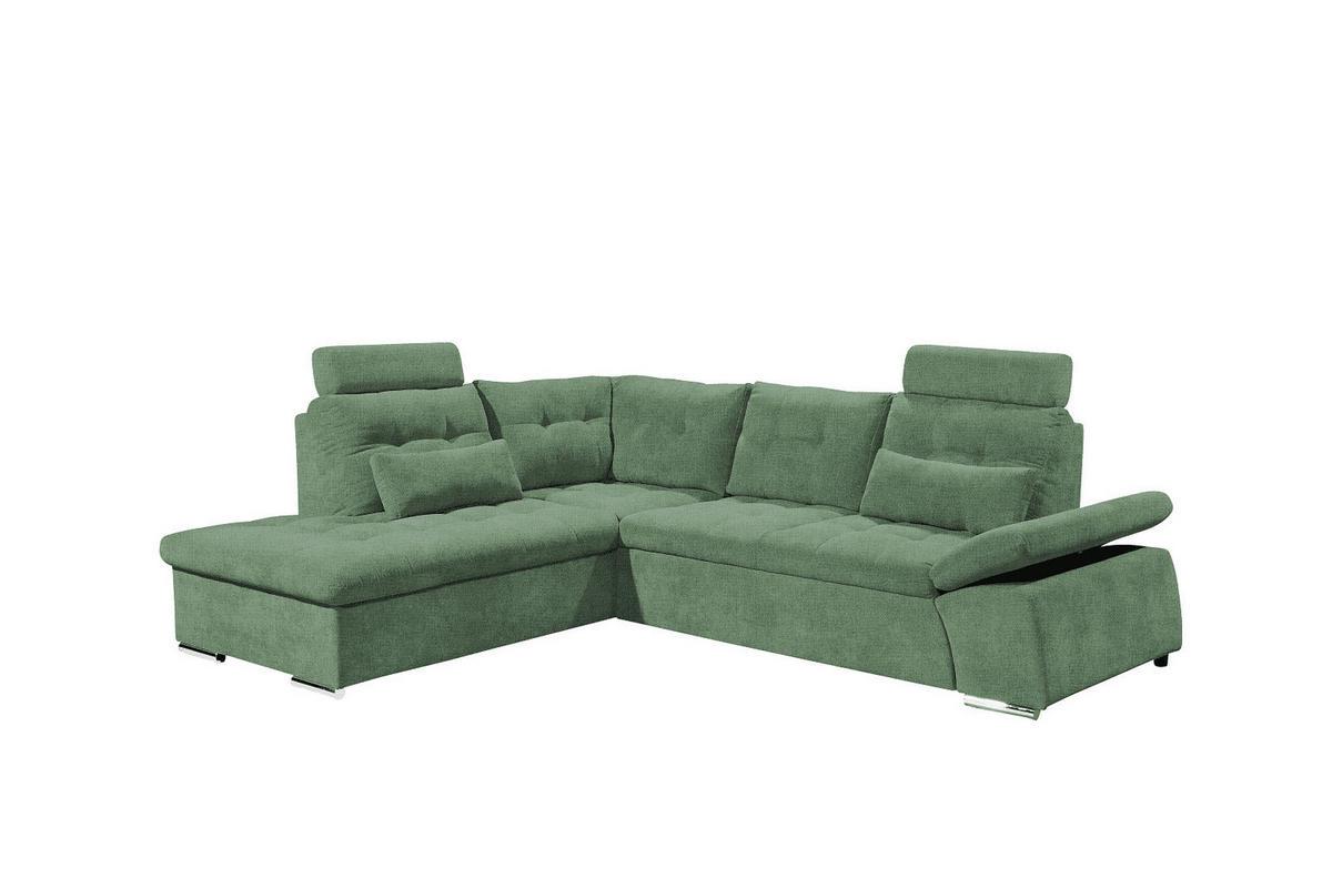 ECKSOFA mit Schlaffunktion, verstellbare Armlehne und Kopfstützen - Chromfarben/Grün, Textil (260/219cm) - ed exciting design