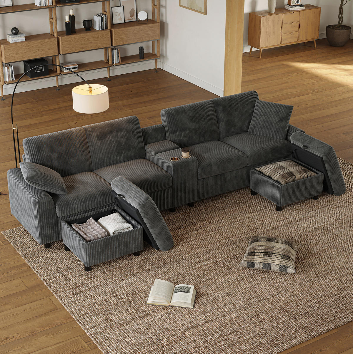 SEDACIA zostava do U z menčestru, 315/135/81 cm sivá, s taburetkami, úložným priestorom a USB - sivá, textil (135/81/315cm) - BEAOK