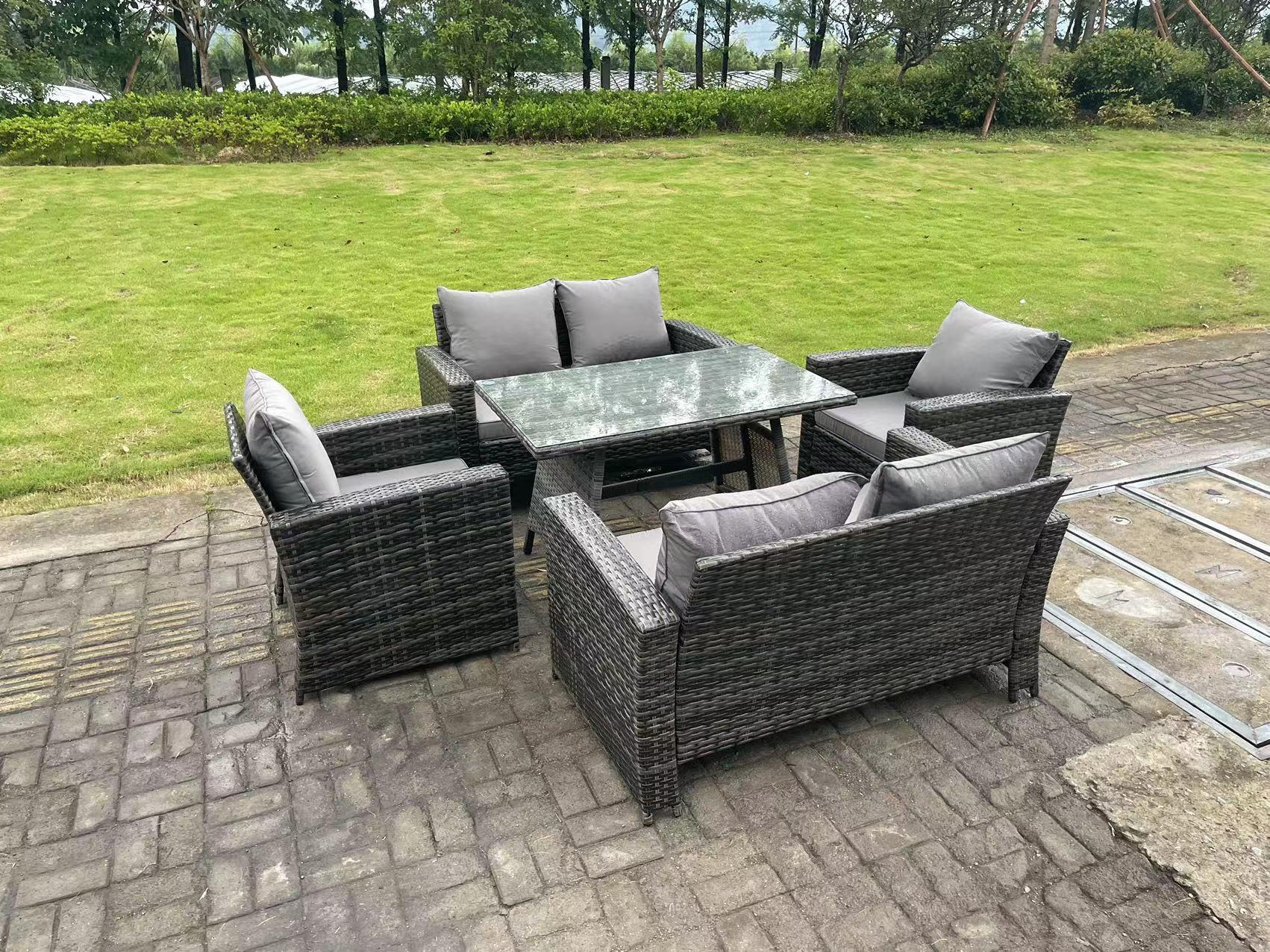 GARTENTISCHGRUPPE Polyrattan 6-Sitzer Grau - Dunkelgrau/Grau, Glas/Kunststoff - Fimous