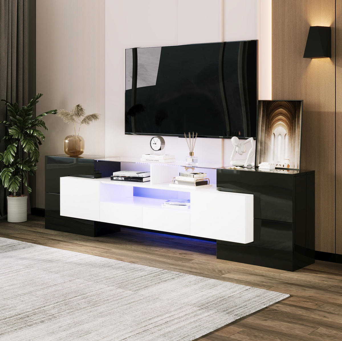 TV-ELEMENT mit LED 200 cm Schwarz/Weiß - Schwarz, Holzwerkstoff (30/60/200cm) - Beauniv