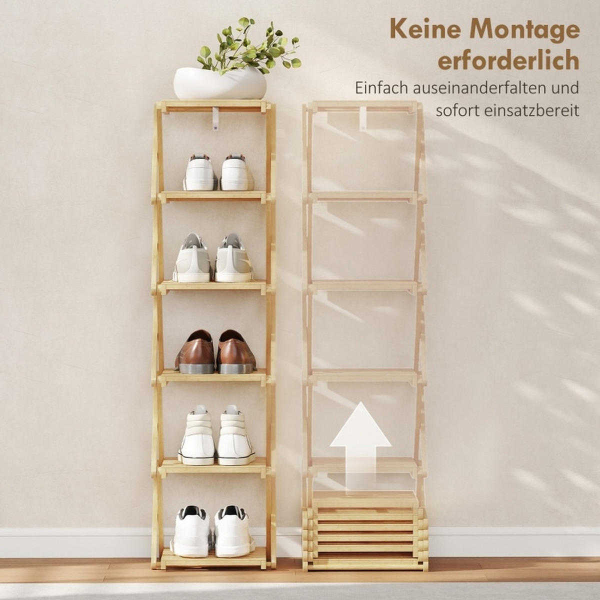 SCHUHREGAL aus Bambus 30x29x108 cm Natur klappbar mit 6 Ebenen und platzsparendem Design - Naturfarben, Naturmaterialen (30/108/29cm) - Modfu