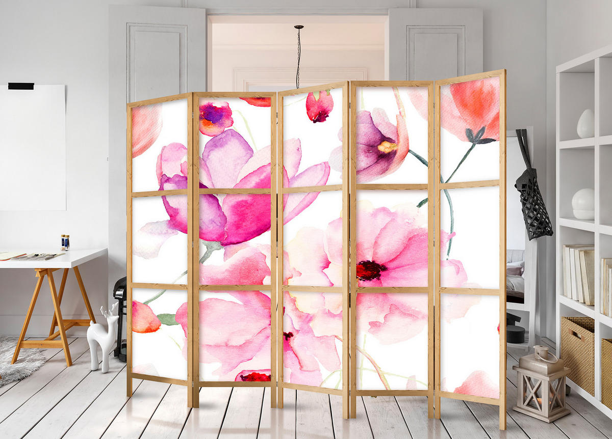 PARAVENT Japanischer 5-tlg 225x172 cm Aquarell Blumen - Multicolor, Holz/Textil (225/172/3cm) - Muralo