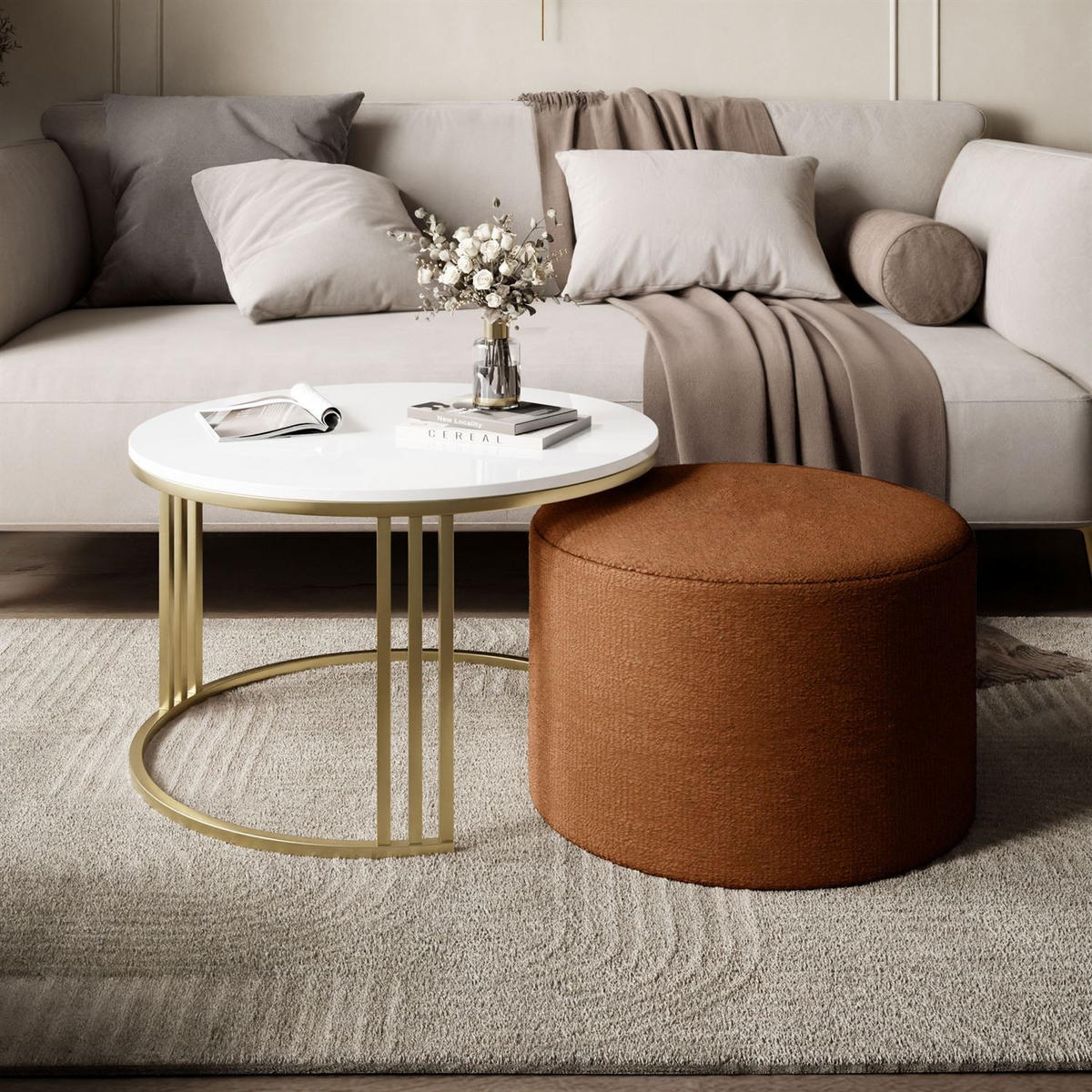 COUCHTISCH mit Hocker LORI Hochglanz gebürstetes Gold/weißer Glanz/Perfect Harmony 52 - Weiß, Metall (70/70/49cm) - Lookway