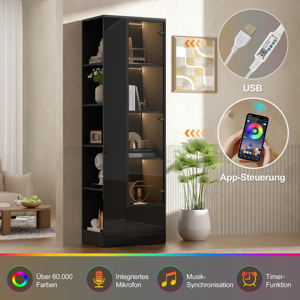 VITRINE 50x35x160 cm Schwarz mit LED und Glastür - Schwarz, Holzwerkstoff (50/160/35cm) - FLIEKS