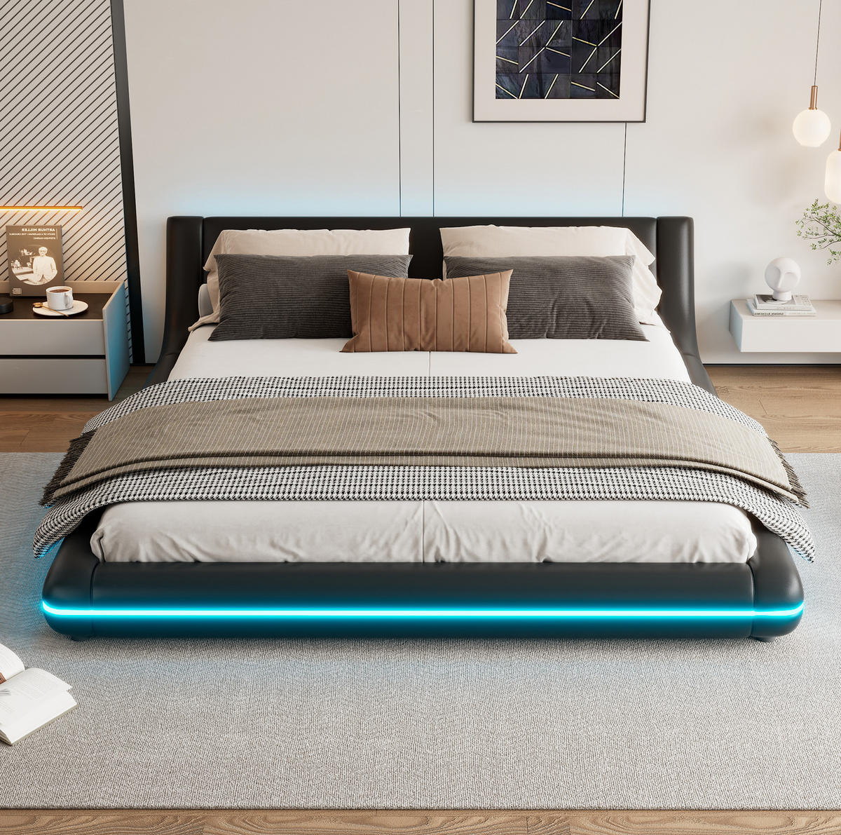 BETT aus PU und MDF 160x200 cm Schwarz mit LED-Beleuchtung, App-Steuerung und pflegeleichter Oberfläche - Schwarz, Kunststoff (160/200cm) - Modfu