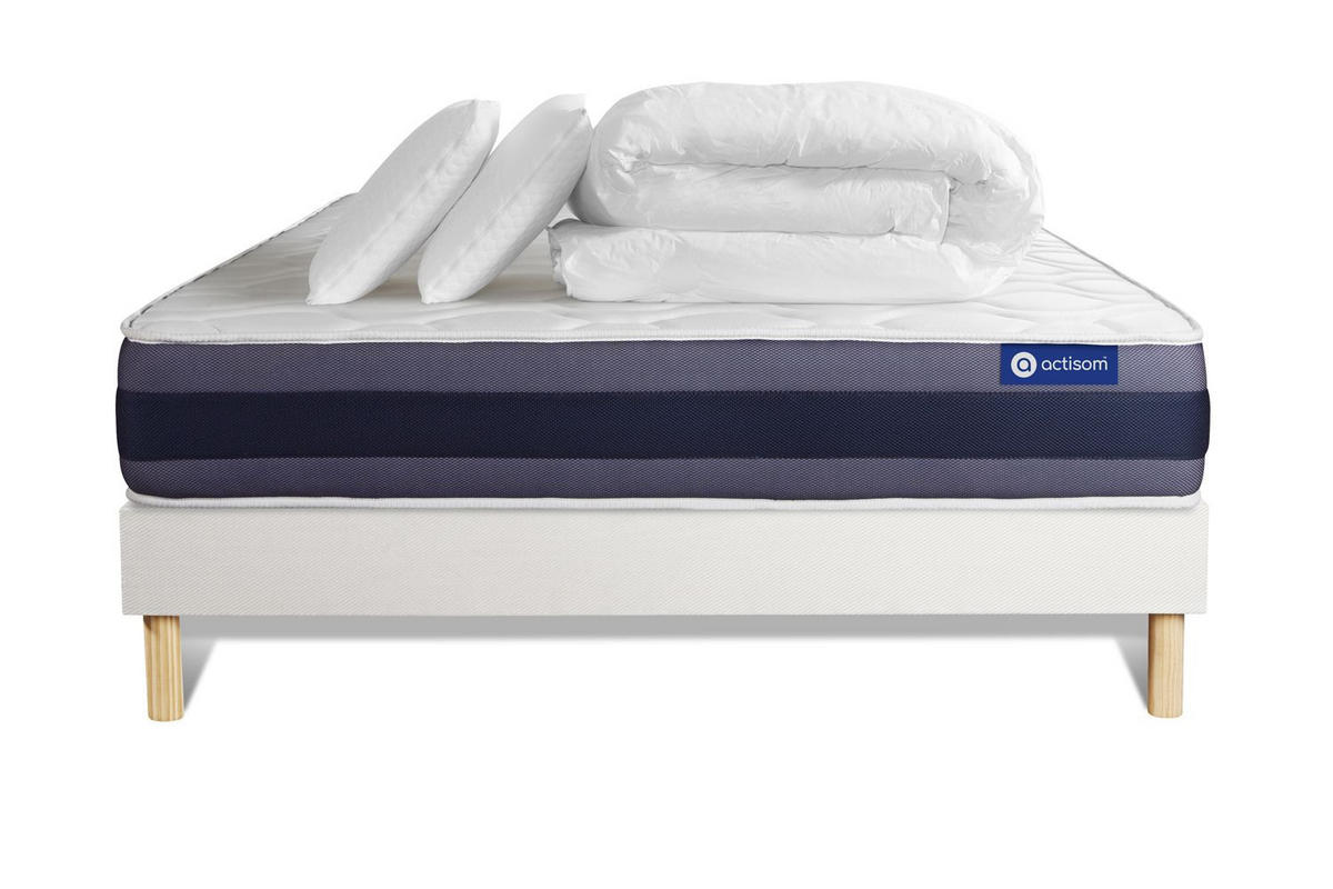 BETT Actiflex morpho Taschenfederkern und Memory-Schaum 140 x 190 cm h1 - Kit Bettgestell Weiß - Mit Kissen und Bettdecke - Beige/Weiß, Holz/Textil (140/190cm) - ACTISOM
