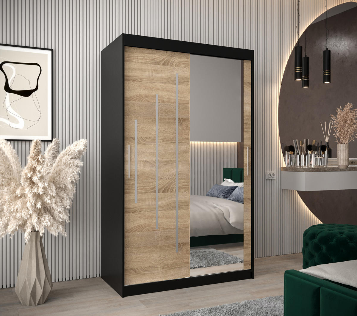 SCHWEBETÜRENSCHRANK 200/120/62 2-türig - Silberfarben/Schwarz, Holz/Kunststoff (120/200/62cm) - Abiks Möbel