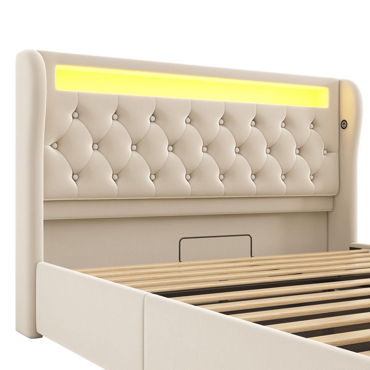 POLSTERBETT aus Samt 140x200 cm Beige mit LED-Beleuchtung, USB-C-Ladestation und Bettkasten - Beige, Textil (140/200cm) - IVMEU