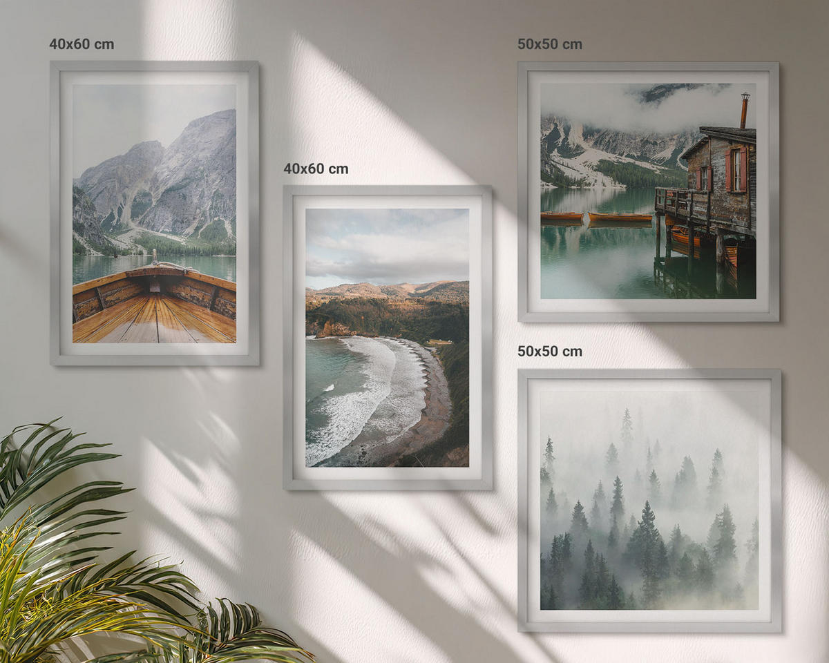 BILDER SET 4er Set - 50x50 cm & 40x60 cm Silberner Rahmen - Berge, See, Boot, Nebel, Strand - Silberfarben, Kunststoff (50/50cm) - TULUP