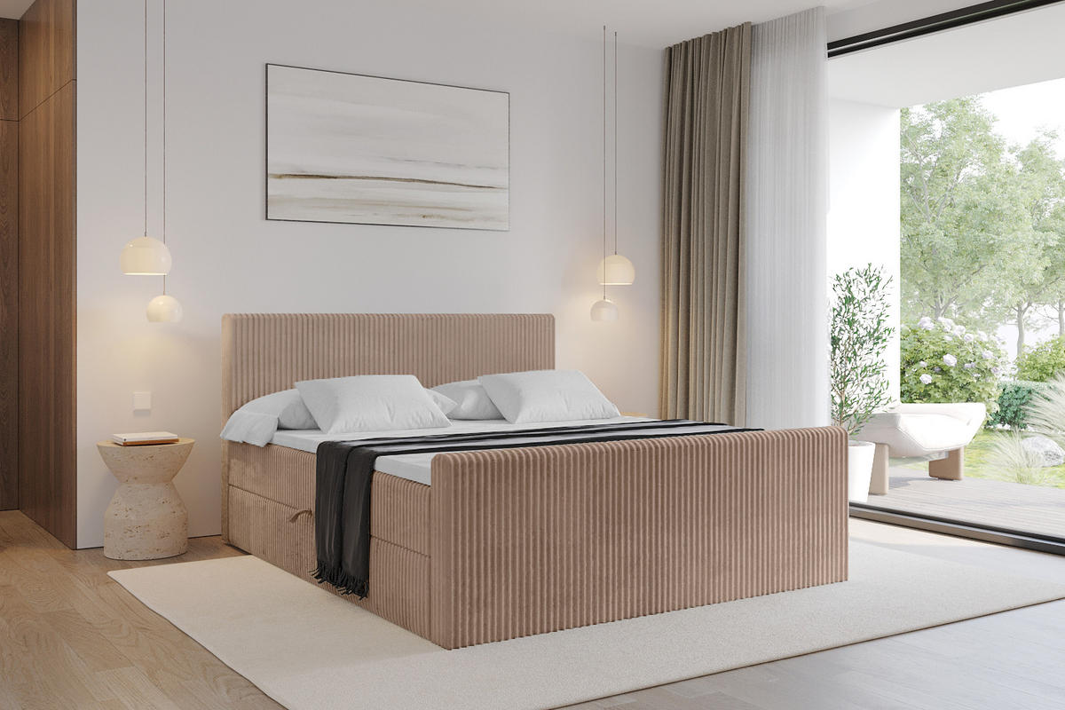 BOXBETT mit Matratze H4 und Lattenrost - TOLO-Z - 140x200 Cord - Beige - Sandfarben, Holzwerkstoff (140/200cm) - ALTDECOR