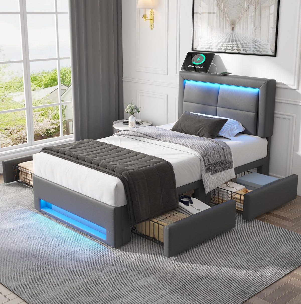 POLSTERBETT mit USB, LED und 4 Schubladen 90x190 cm PU Grau - Grau, Metall (90/190cm) - Meubliv