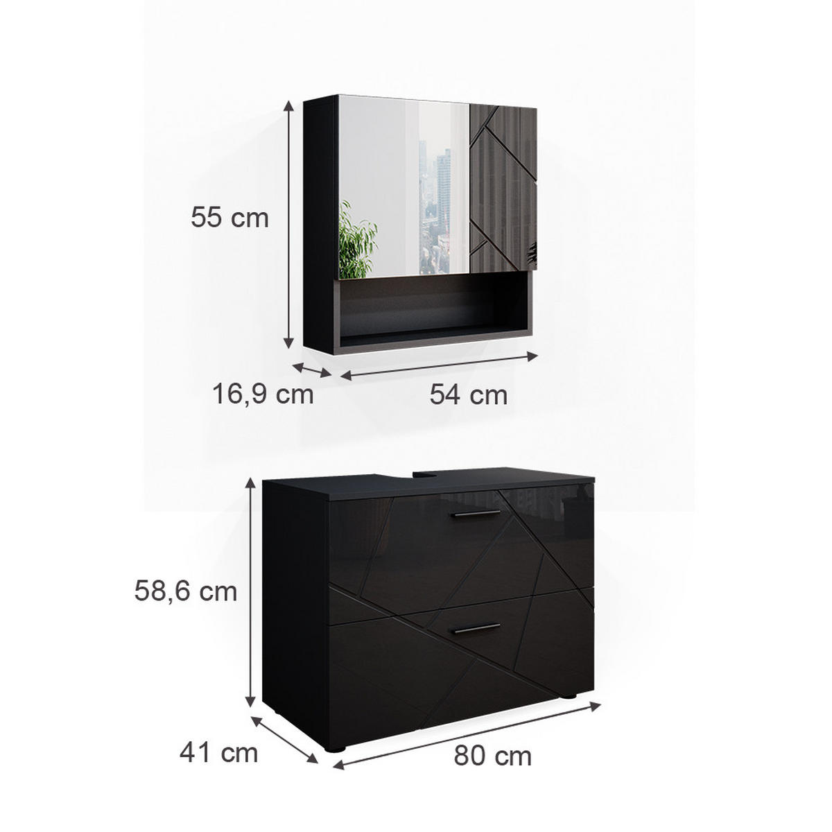 BADMÖBEL-SET Irma Anthrazit Hochglanz 2 Teile - Schwarz Hochglanz/Anthrazit, Holzwerkstoff (80/58.6/41cm) - Vicco