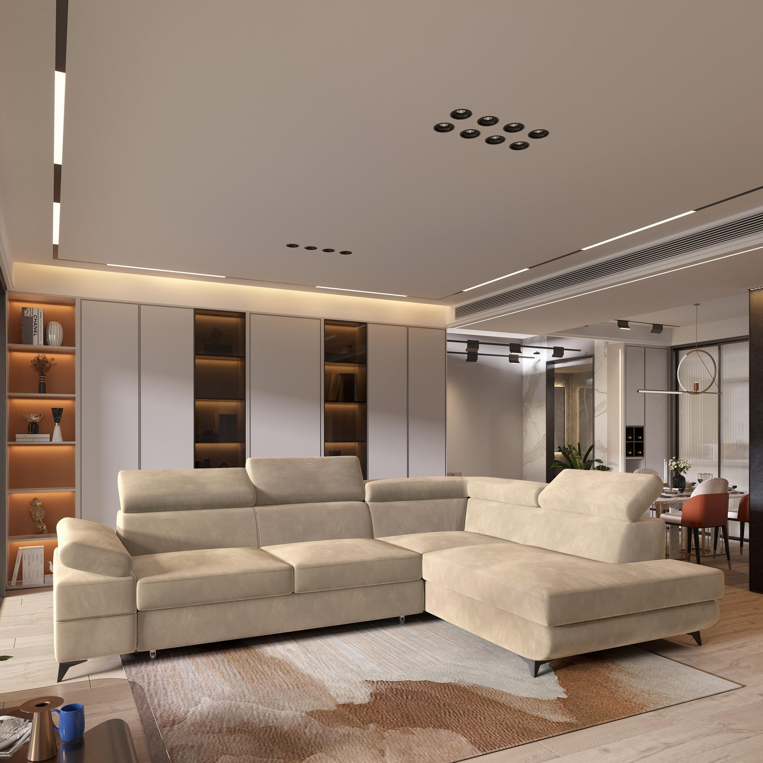 ECKSOFA FAVIEN R-S Creme Velours-Stoff mit Schlaffunktion - Creme, Holz (257/190cm) - MASSENO