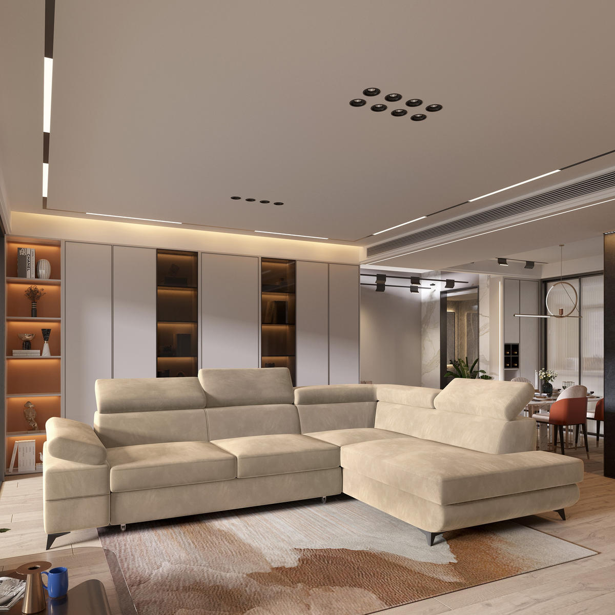 ECKSOFA FAVIEN R-S Creme Velours-Stoff mit Schlaffunktion - Creme, Holz (257/190cm) - MASSENO