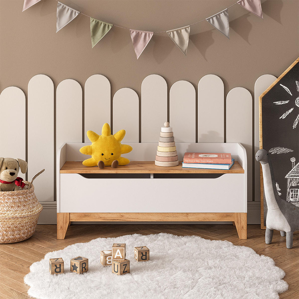 SPIELZEUGTRUHE Malia Weiß/Artisan 107.2 x 50 cm mit Sitzfläche - Weiß, Holzwerkstoff (107.2/30cm) - VitaliSpa