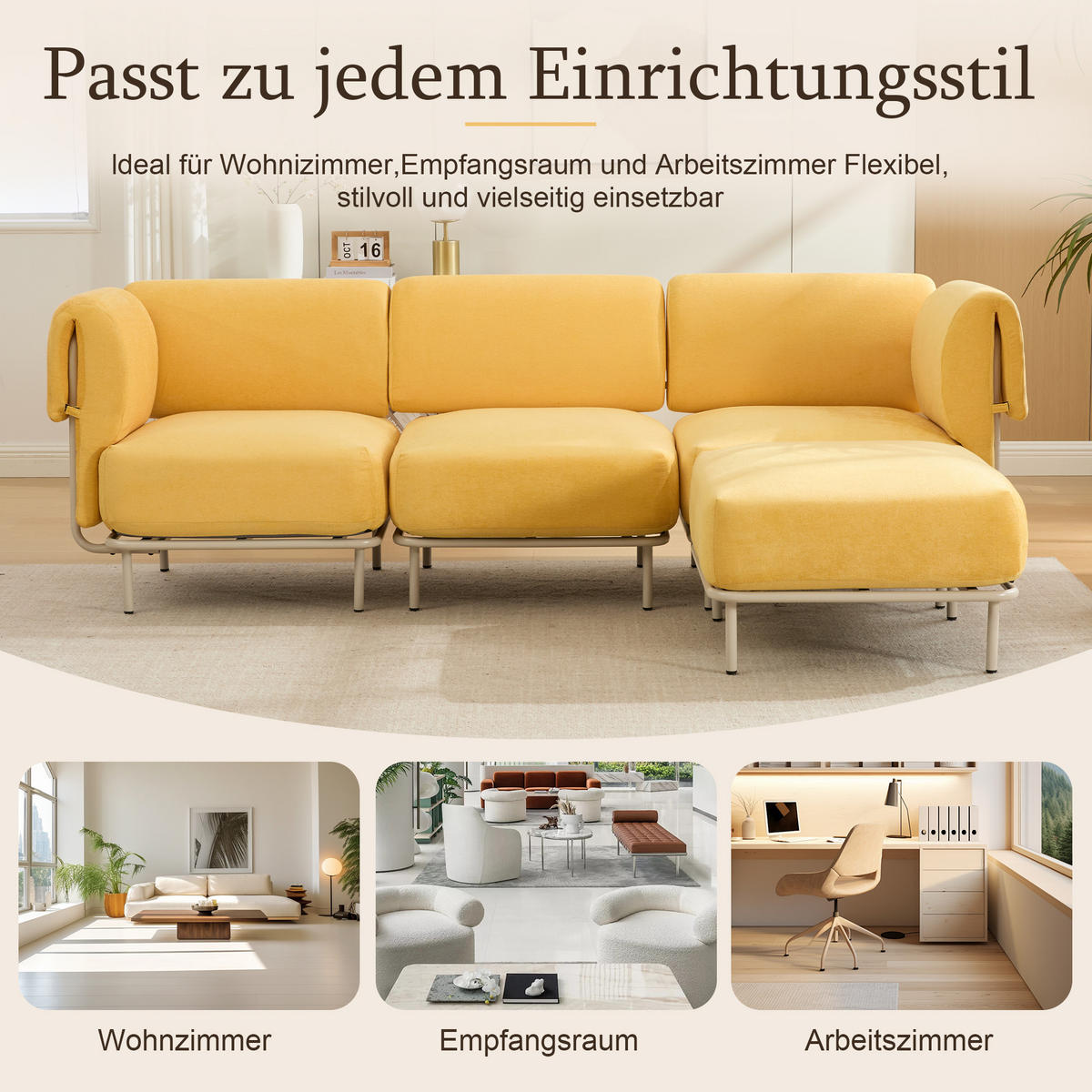 ECKSOFA 251/155/78 cm Senfgelb Chenille mit 1 Fußhocker - Currygelb/Grau, Textil (155/251cm) - Oxeza