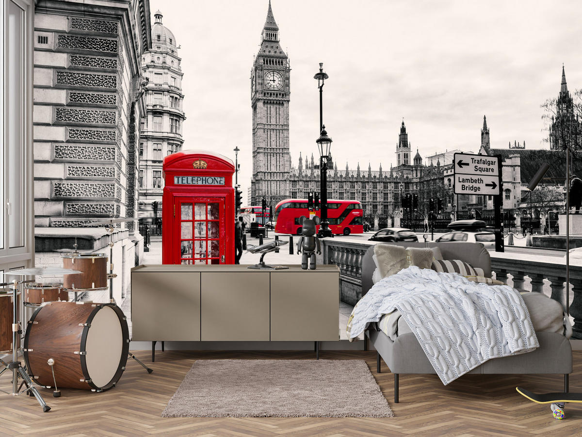 FOTOTAPETE für Wohnzimmer Rote Telefonzelle London BIG BEN Bus 400x280 - Beige/Rot, Papier (400/280cm) - Muralo