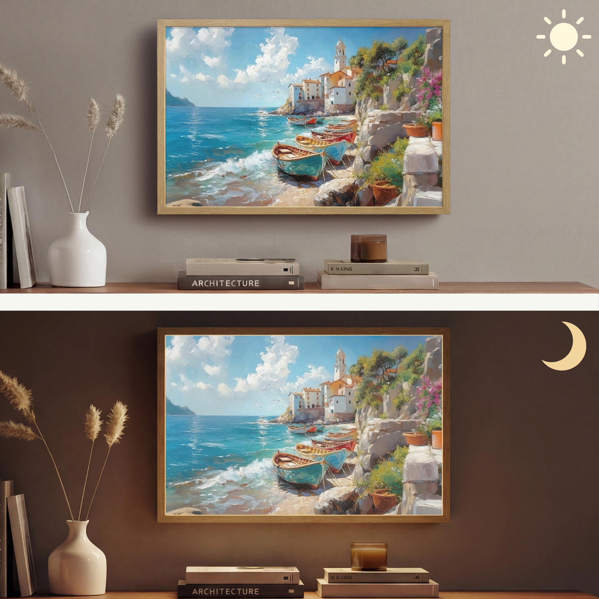 NÁSTĚNNÁ LAMPA S AKUMULÁTOREM Lodě - skály - moře - slunce 60x40 cm - modrá, kompozitní dřevo (60/40/8cm) - OnlyWow
