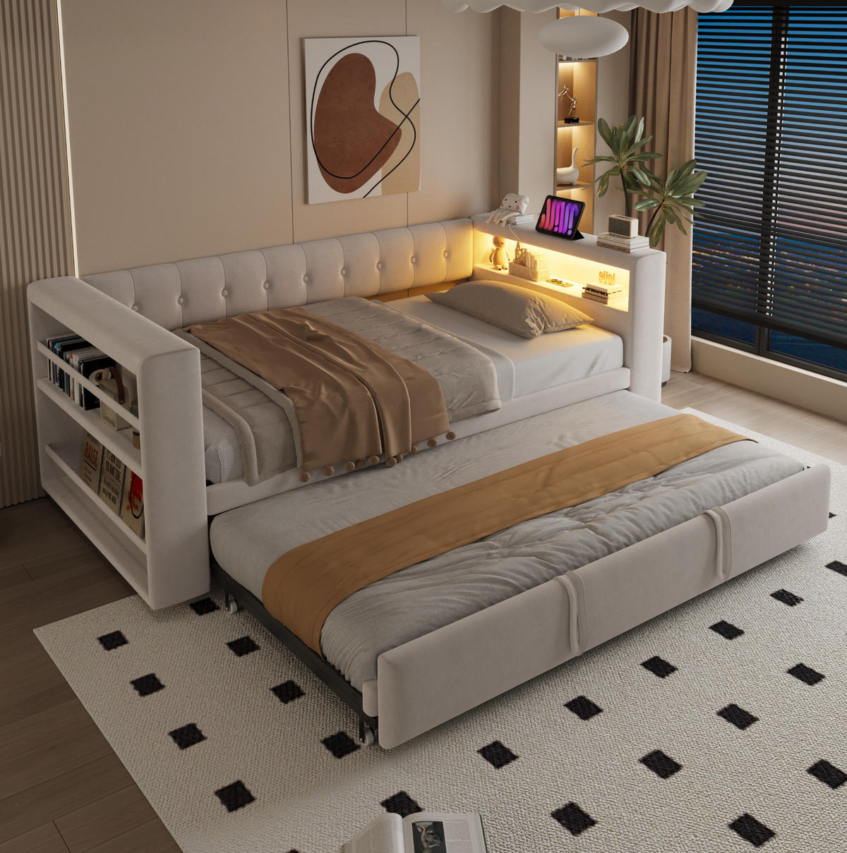 TAPECIRANI krevet 90/180x190 cm s LED osvjetljenjem, utičnicom i spremištem, Bež - bež, drvni materijal (90/190cm) - Redom