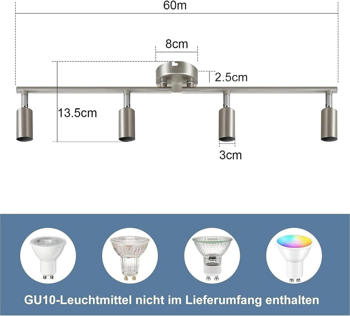 DECKENSTRAHLER Pryz 59/13/8cm - Silberfarben, Metall (59/13/8cm) - ZMH