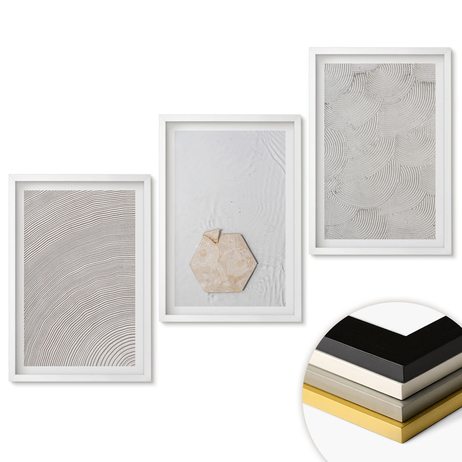 WANDBILDER 3er-Set - 40x60 cm Weißer Rahmen - Leichte Boho-Sandtexturen - Weiß, Kunststoff (40/60cm) - ArtPrintCave