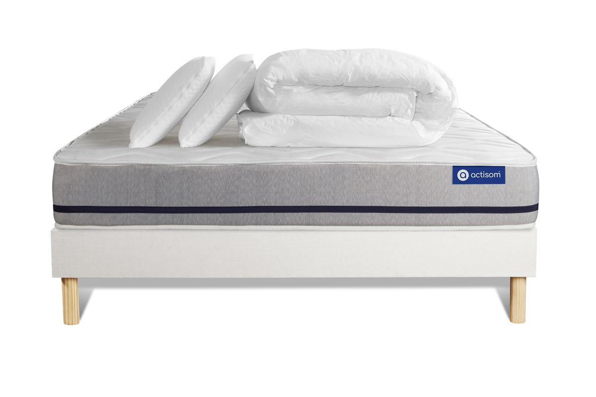 BETT Actiflex soft Taschenfederkern 200 x 200 cm h2 - Kit Bettgestell Weiß - Mit Kissen und Bettdecke - Beige/Weiß, Karton/Holz (200/200cm) - ACTISOM