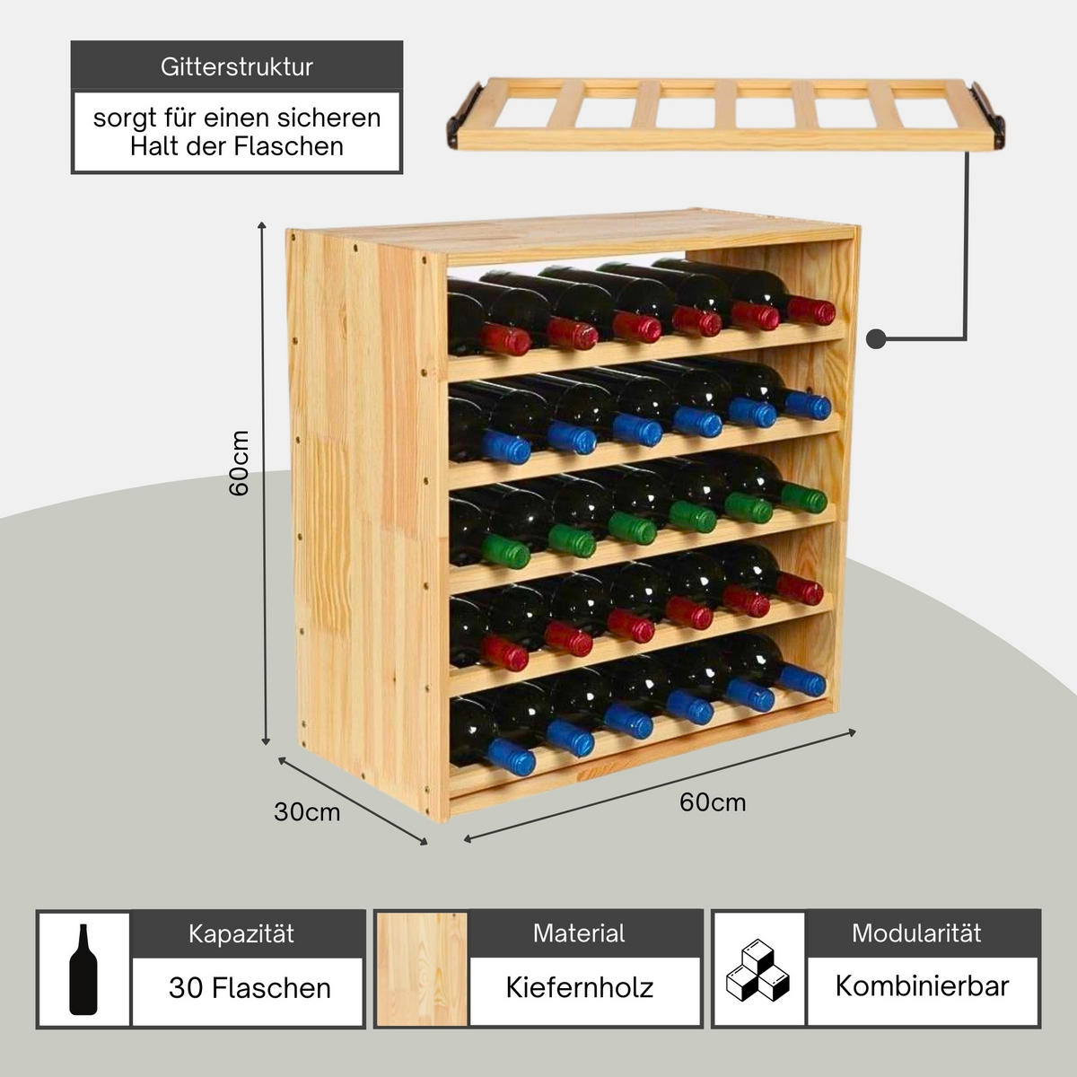 WEINREGAL Vincellar Mod 60x60x30 cm Standard Modul Für 30 Flaschen Massives Kiefernholz Natur - Naturfarben, Holz (60/60/30cm) - PROREGAL