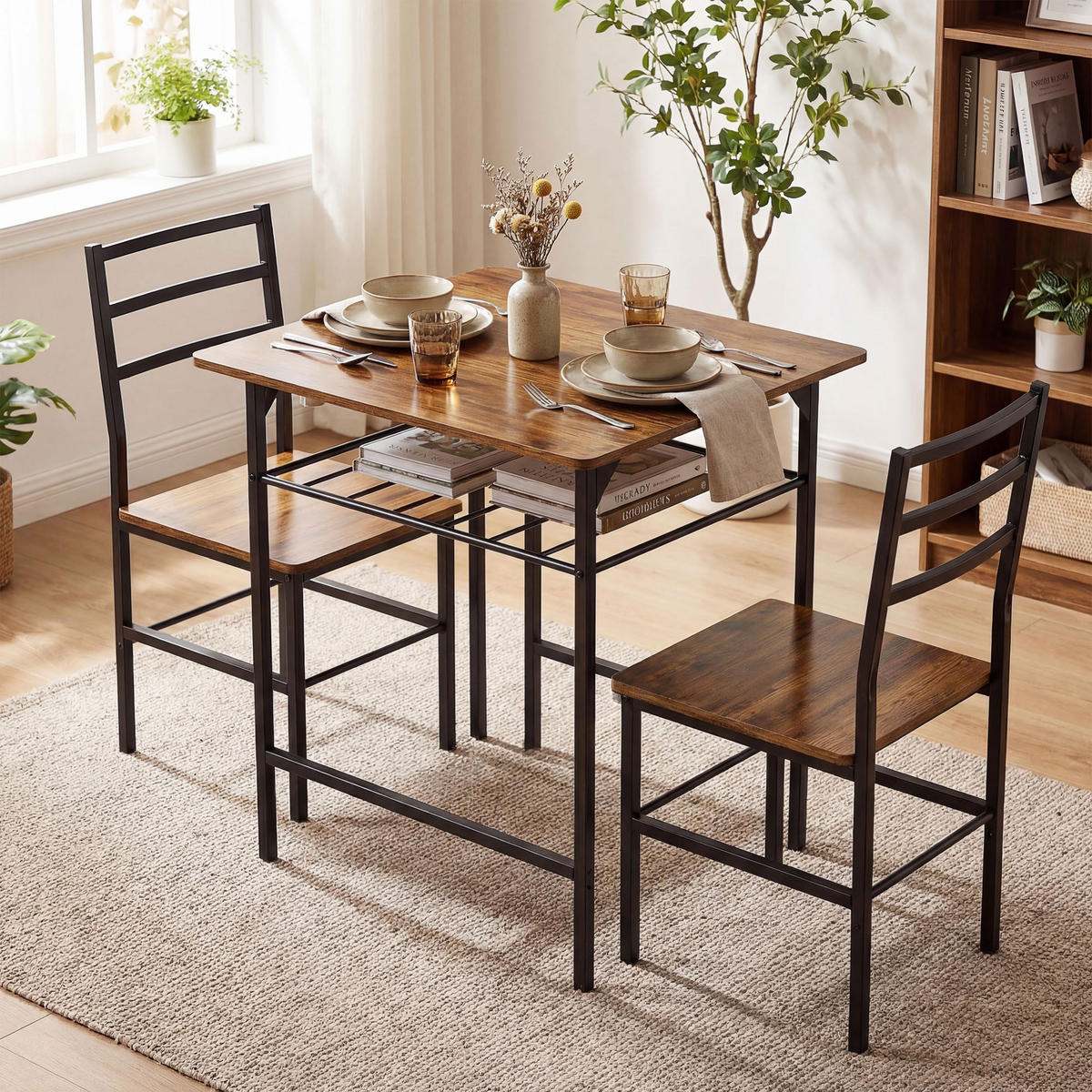 ESSGRUPPE mit Tisch und 2 Stühlen, Küchentisch mit Stühlen für 2 Personen, Metallgestell, braun - Naturfarben, Metall (80/78.8/50cm)