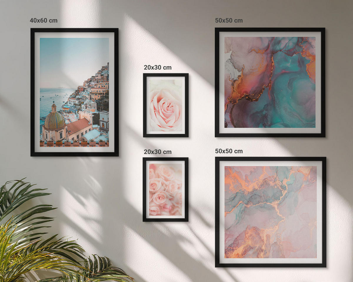 BILDER SET 5er Set - 50x50 cm & 20x30 cm & 40x60 cm Schwarzer Rahmen - Abstrakte Pastellmuster - Schwarz, Kunststoff (40/60cm) - TULUP