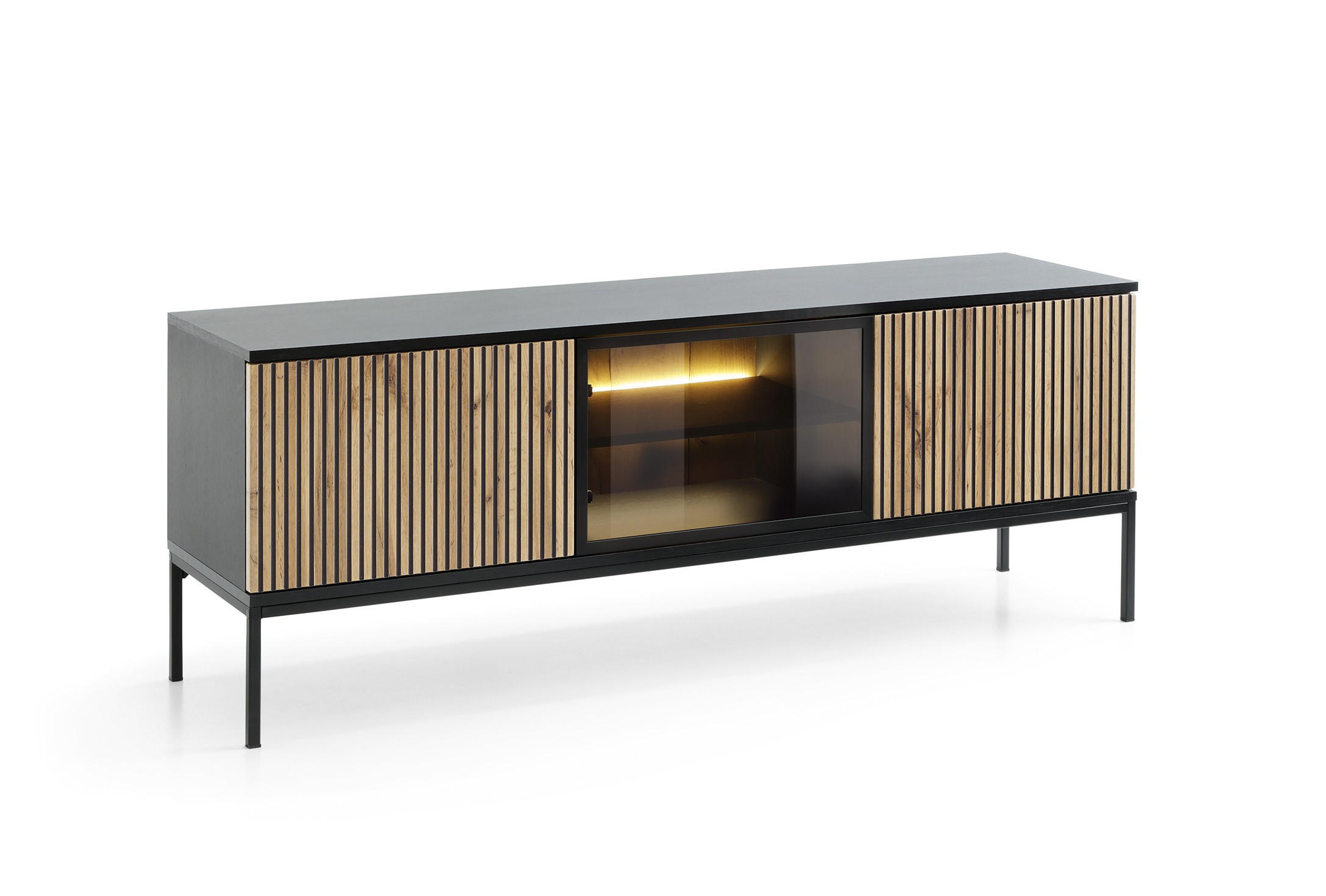 TV-SCHRANK Sentino Schwarz, Dreitürig mit LED - Eiche Wotan/Schwarz, Holzwerkstoff/Metall (154/56/39cm) - Bettso