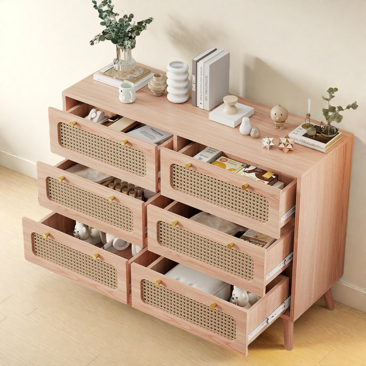 KOMMODE Buffet mit 6 Schubladen, Massivholzbeinen, Modernes Design, Braun - Braun, Holz (34/73/100cm)