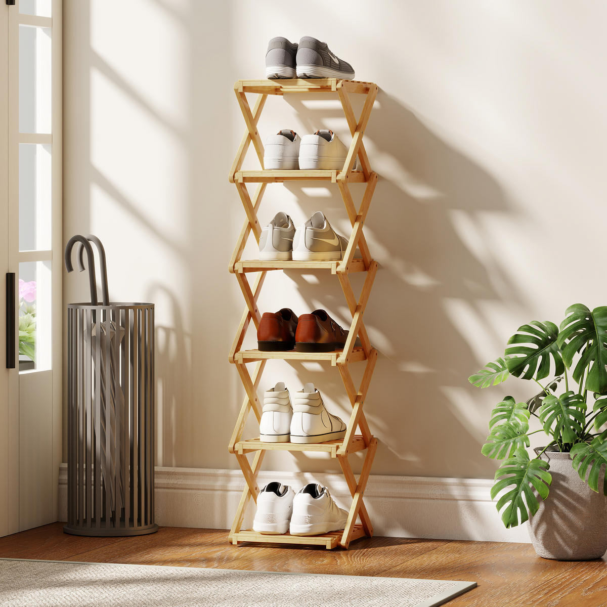 SCHUHREGAL klappbar Schuhständer mit 6 Ebenen aus Bambus für max. 9 Paar Schuhe - Naturfarben, Naturmaterialien (29/108/30cm) - HOMCOM